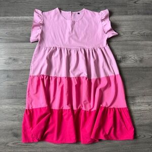 Pink Colorblock Tiered Babydoll Dress Flutter Sleeve Crew Neck Mini Size L